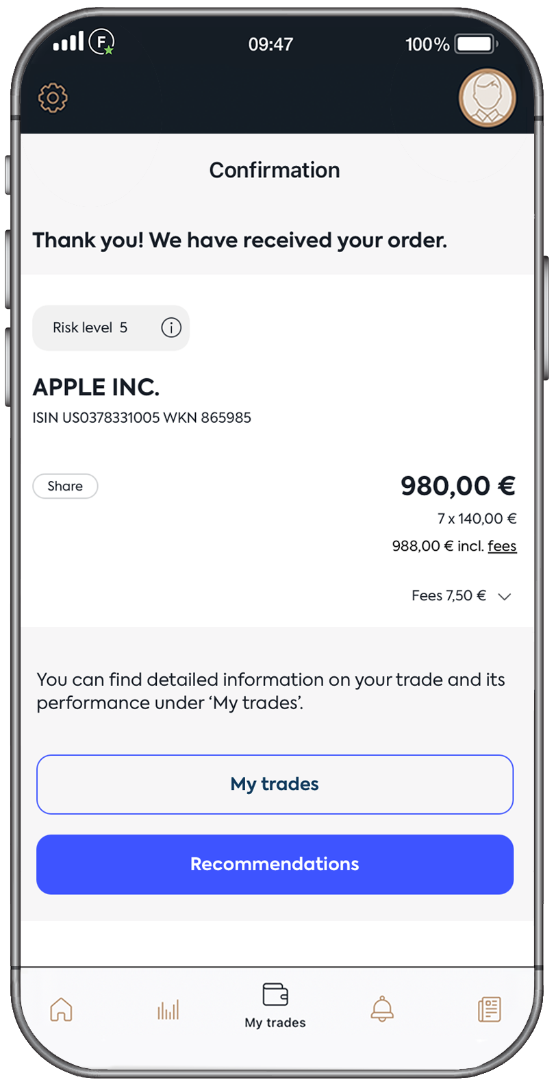 Finance app by Follow MyMoney Confirmation at Apple Inc. Purchase confirmation, investment in one click