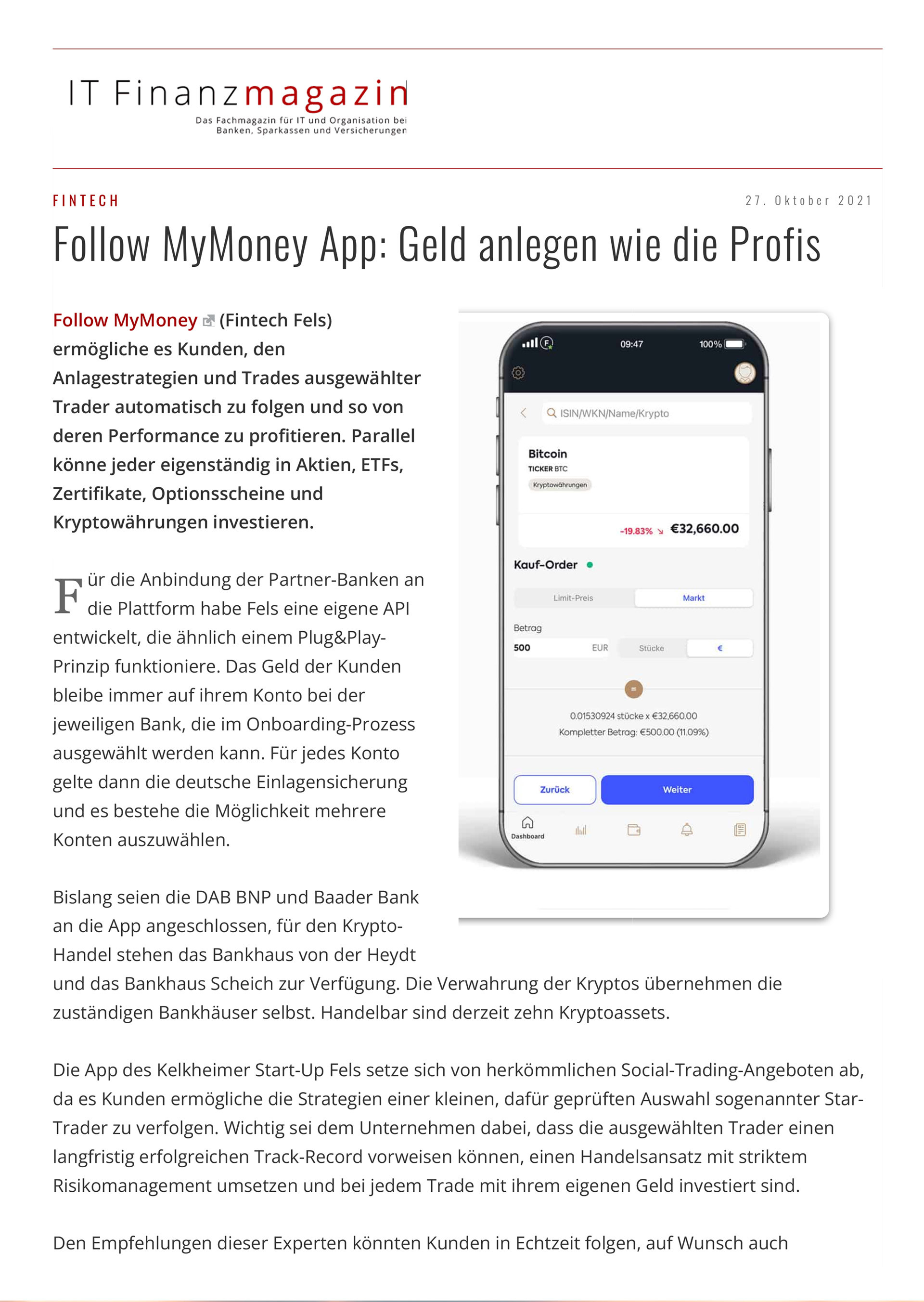 Artikel im IT Finanzmagazin vom 27.10.2021 Follow MyMoney App: Geldanlagen wie die Profis