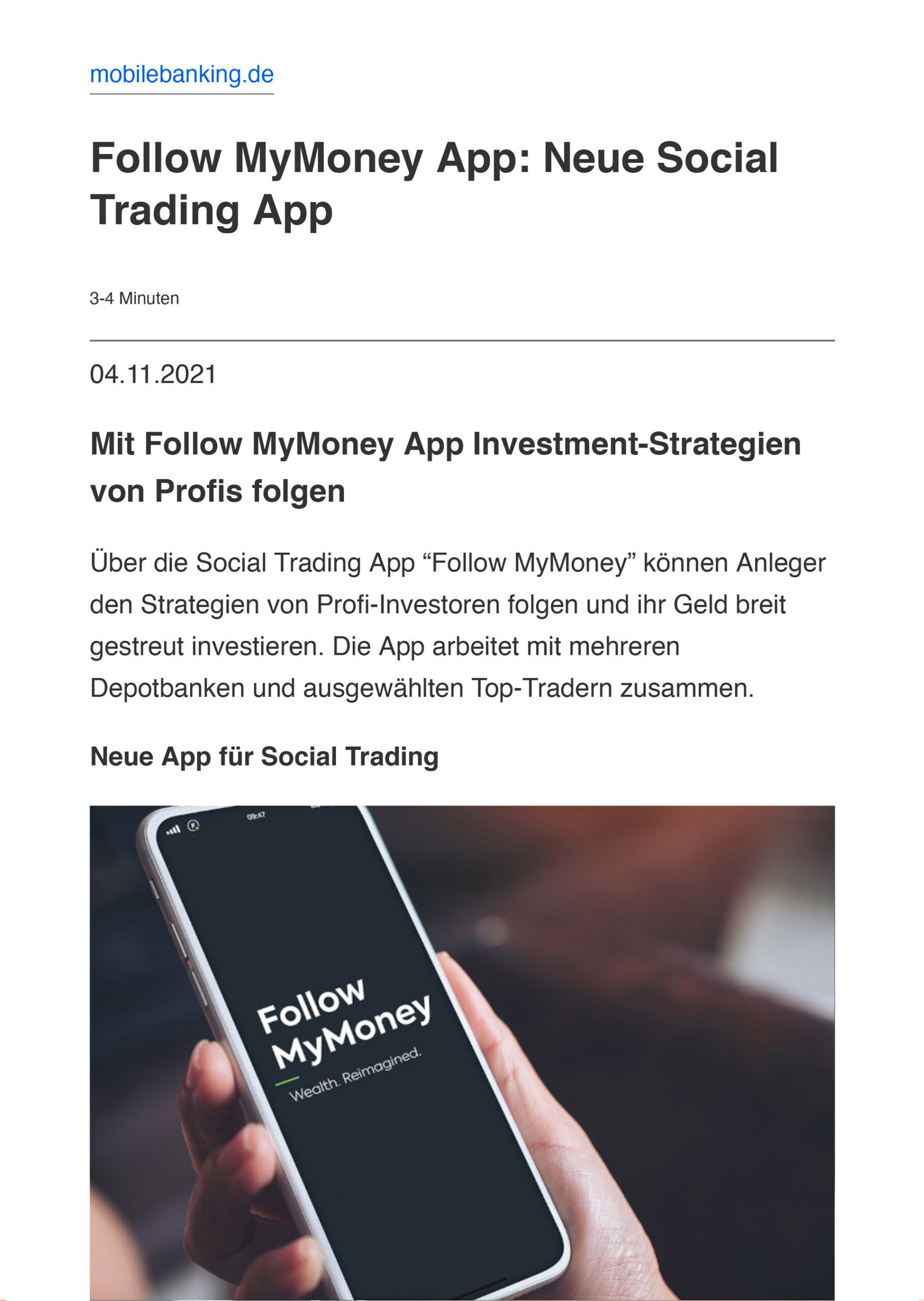 Artikel über Follow MyMoney in mobilebanking.de, 4. November 2021