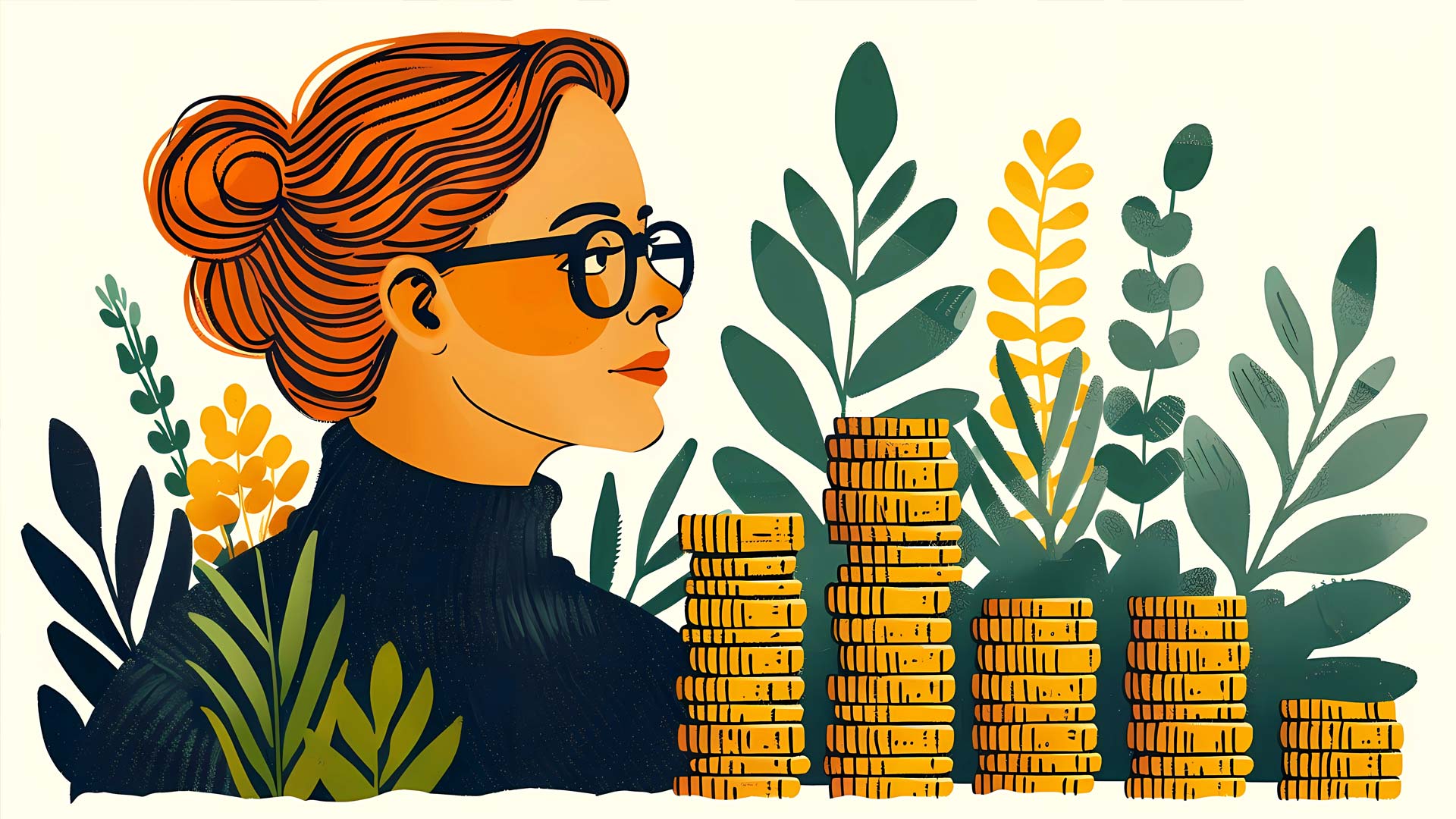 A woman stands in front of massive stacks of gold coins, symbolizing thriving wealth and financial success, Minimal Vector illustration