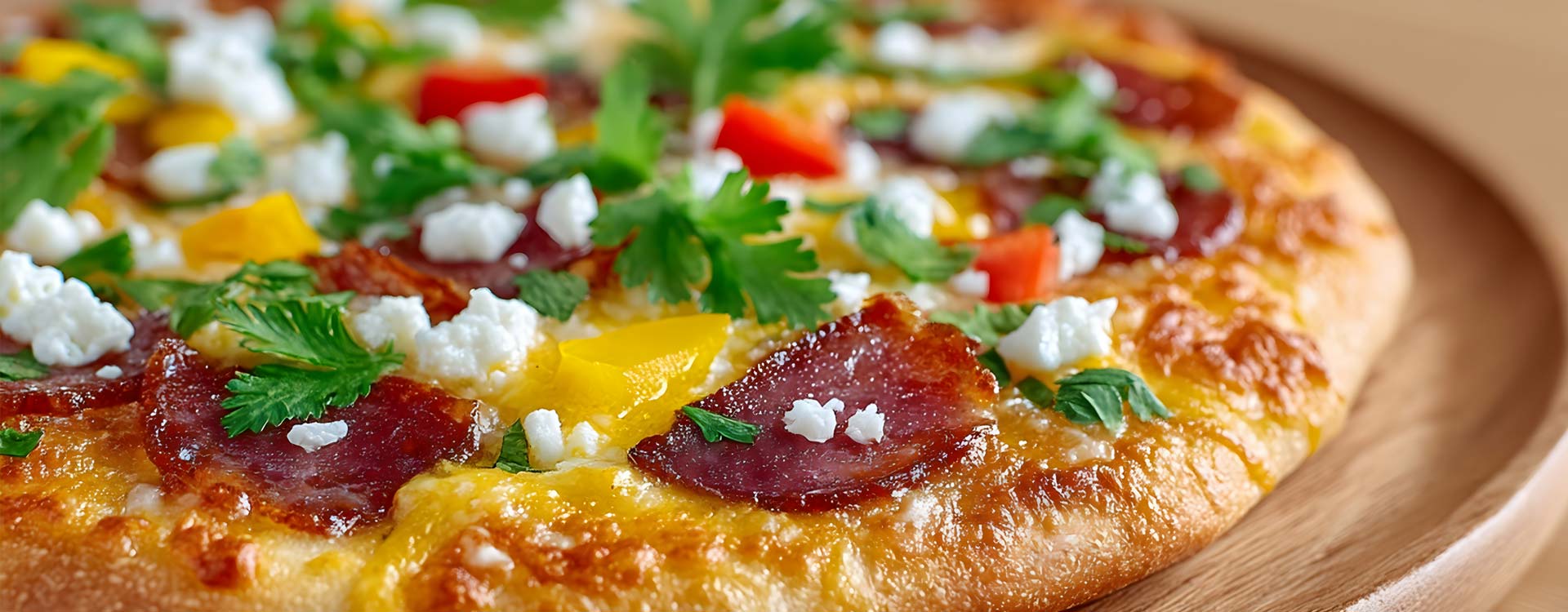 Leckere Pizza mit Käse, Speck, Paprika und Kräutern auf einem Holzbrett. Generative KI