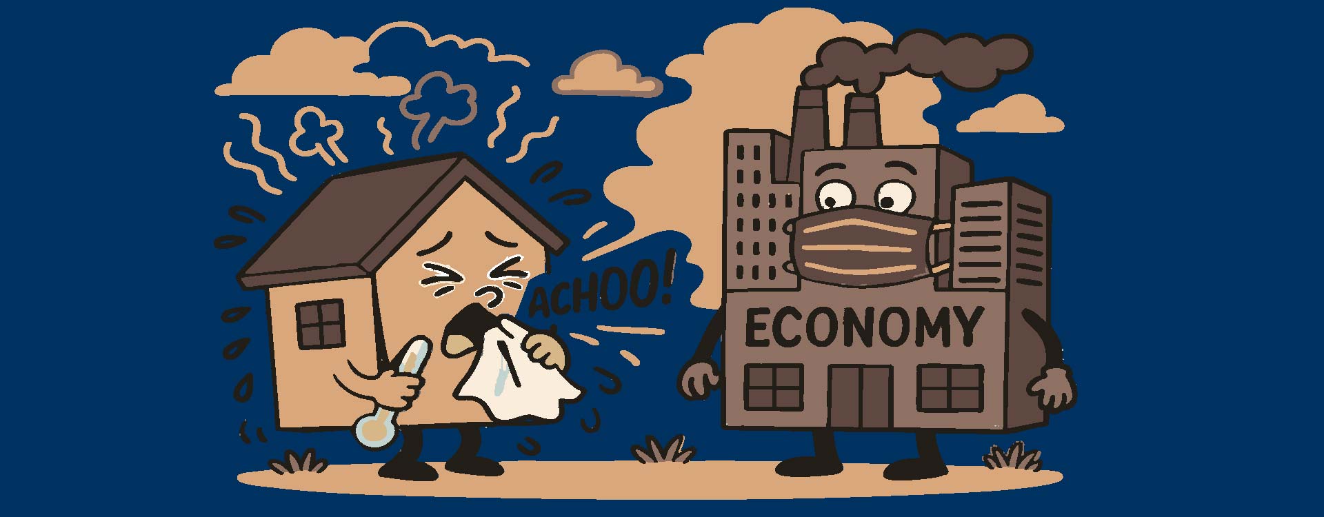 Der Immobilienmarkt, dargestellt als Haus mit Fieberthermometer, ist ein guter Indikator wie sich die Volkswirtschaft, dargestellt als Industriekomplex, zukünftig verhalten wird.