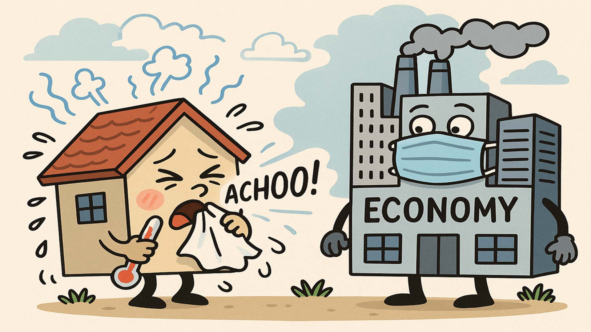Der Immobilienmarkt als Frühindikator der Konjunktur Der Immobilienmarkt, dargestellt als Haus mit Fieberthermometer, ist ein guter Indikator wie sich die Volkswirtschaft, dargestellt als Industriekomplex, zukünftig verhalten wird.