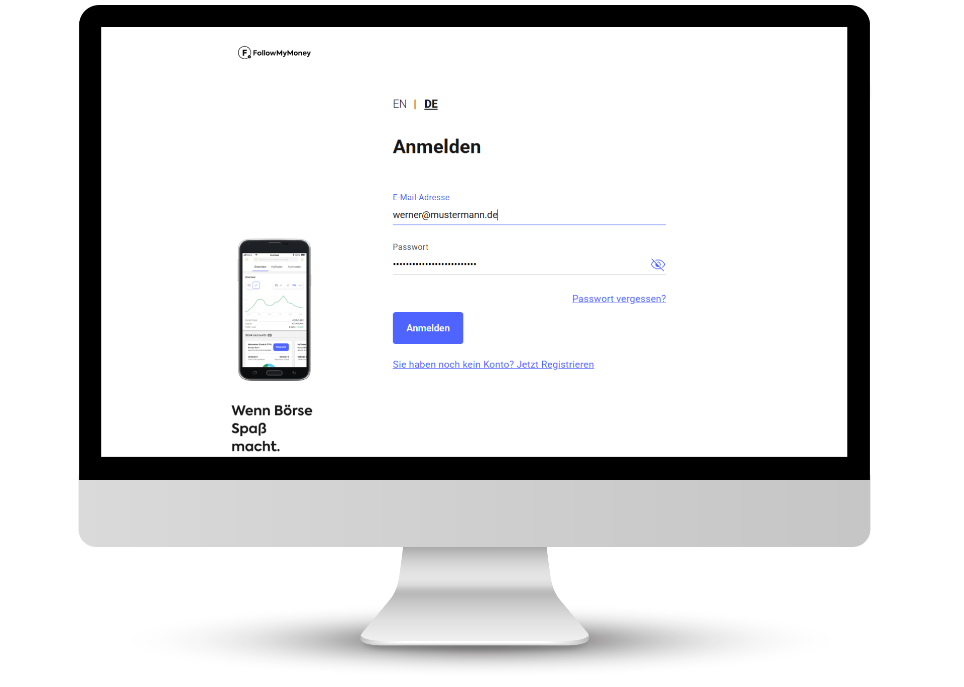 FollowMyMoney Anmeldemaske und Registrierungsmaske