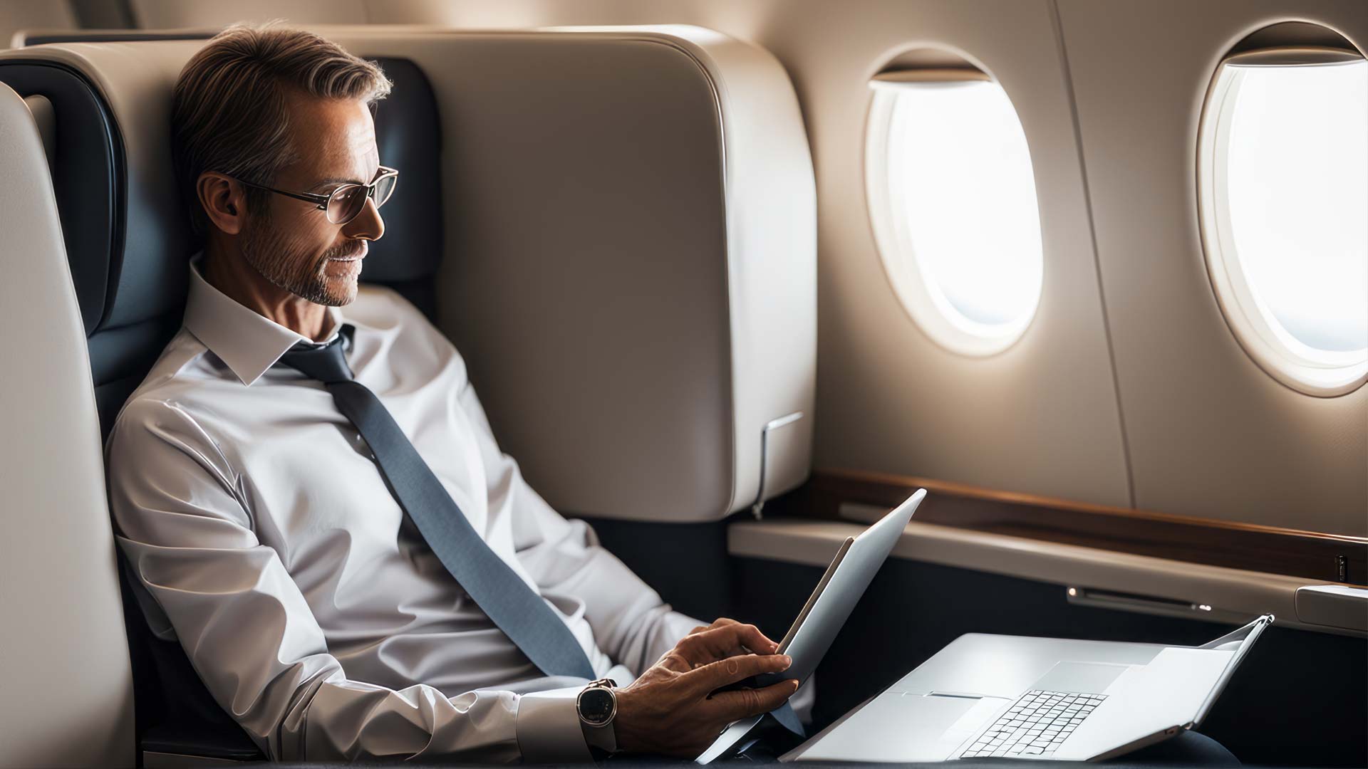 FollowMyMoney Following mit einem Click FollowMyMoney Following mit einem Click - Businessmann im Flugzeug bei der Arbeit