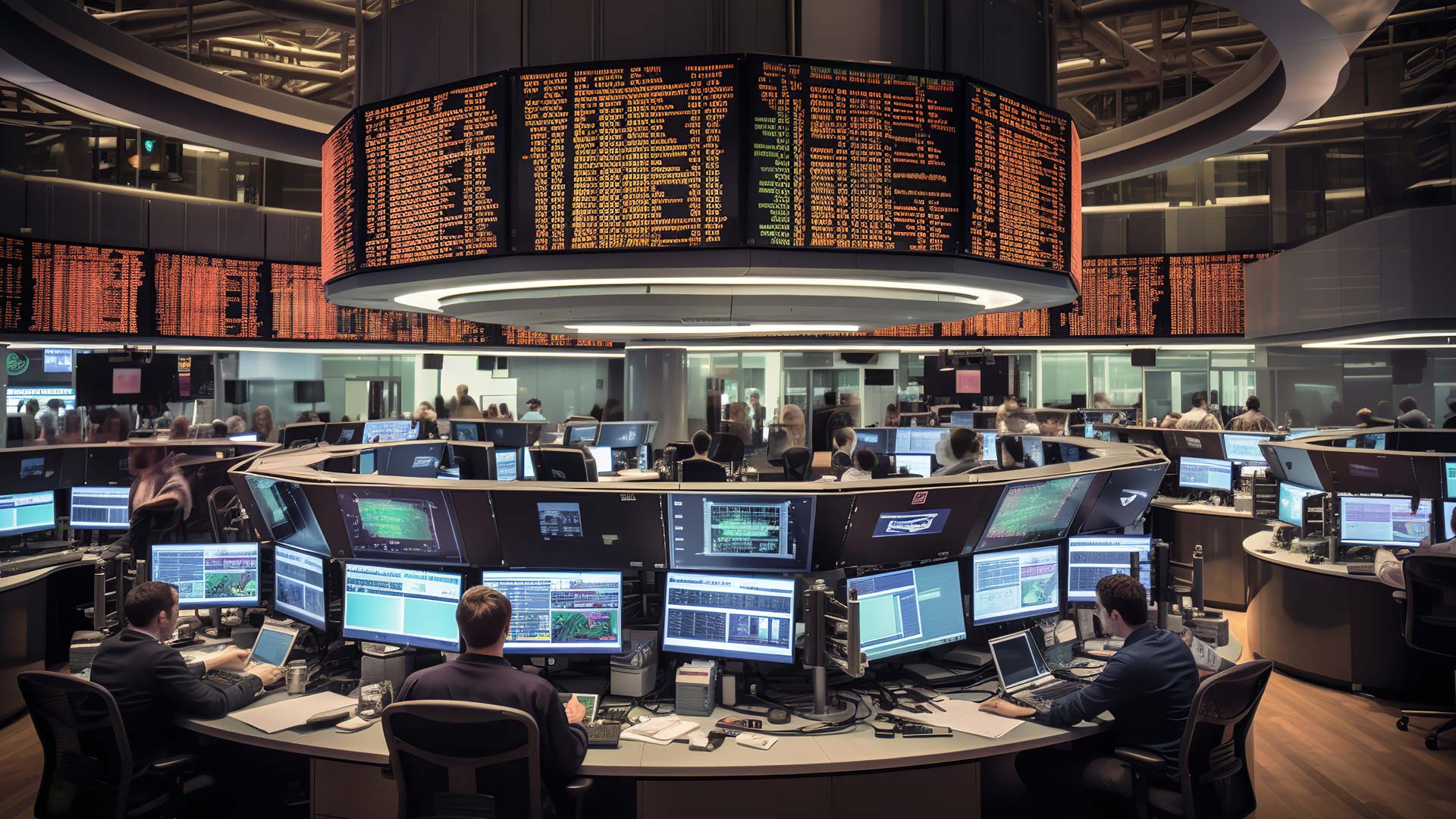 FollowMyMoney-Strategiemarktplatz - Darstellung einer Aktienbörse, Broker vor Monitoren. IM Raum mehrere Anzeigetafeln mit Aktienkursen
