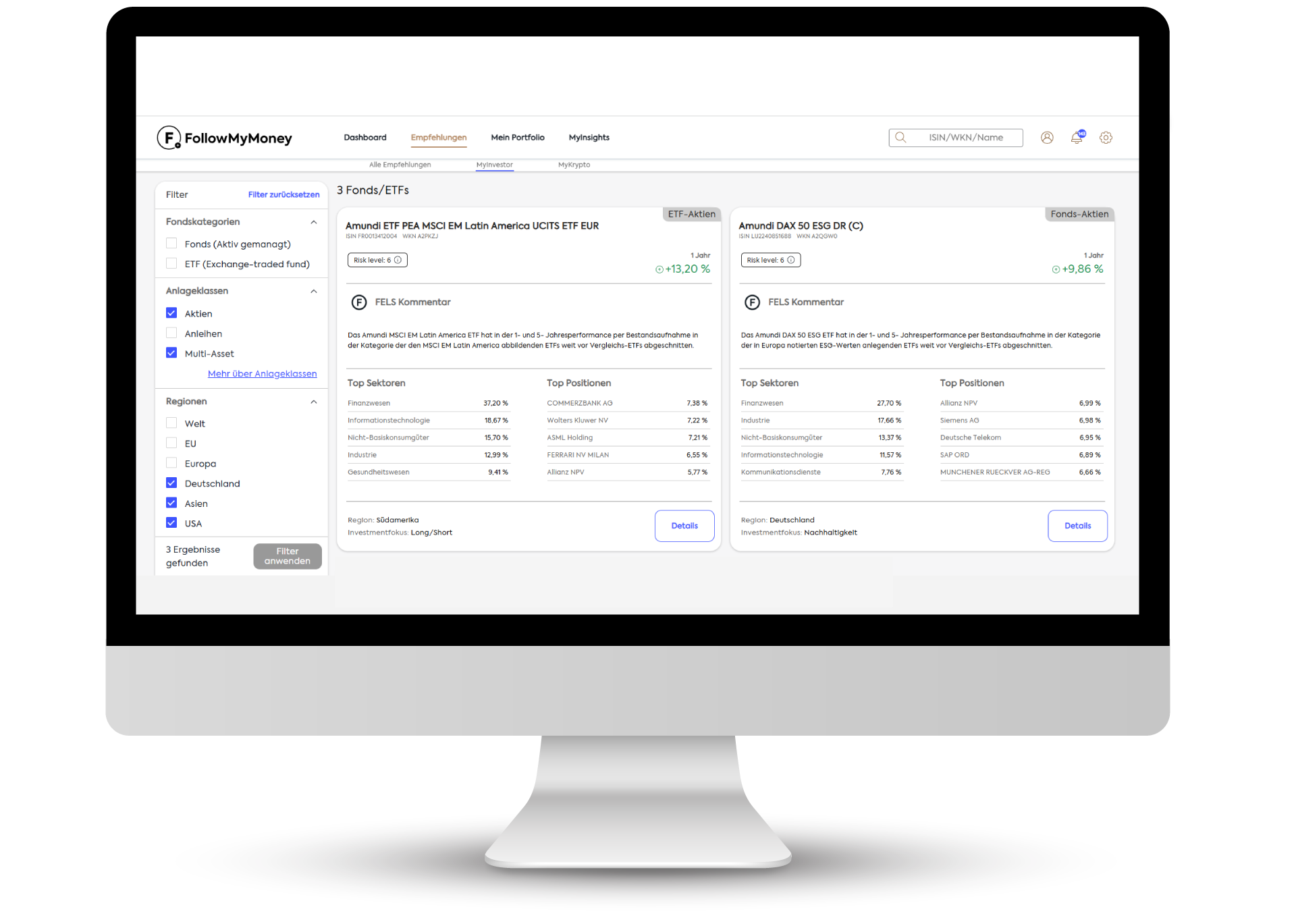 FollowMyMoney TopFonds Filter-Auswahl - es werden aktuell 3 Fonds angezeigt,nach entsprechender Einstellung des Suchfilters