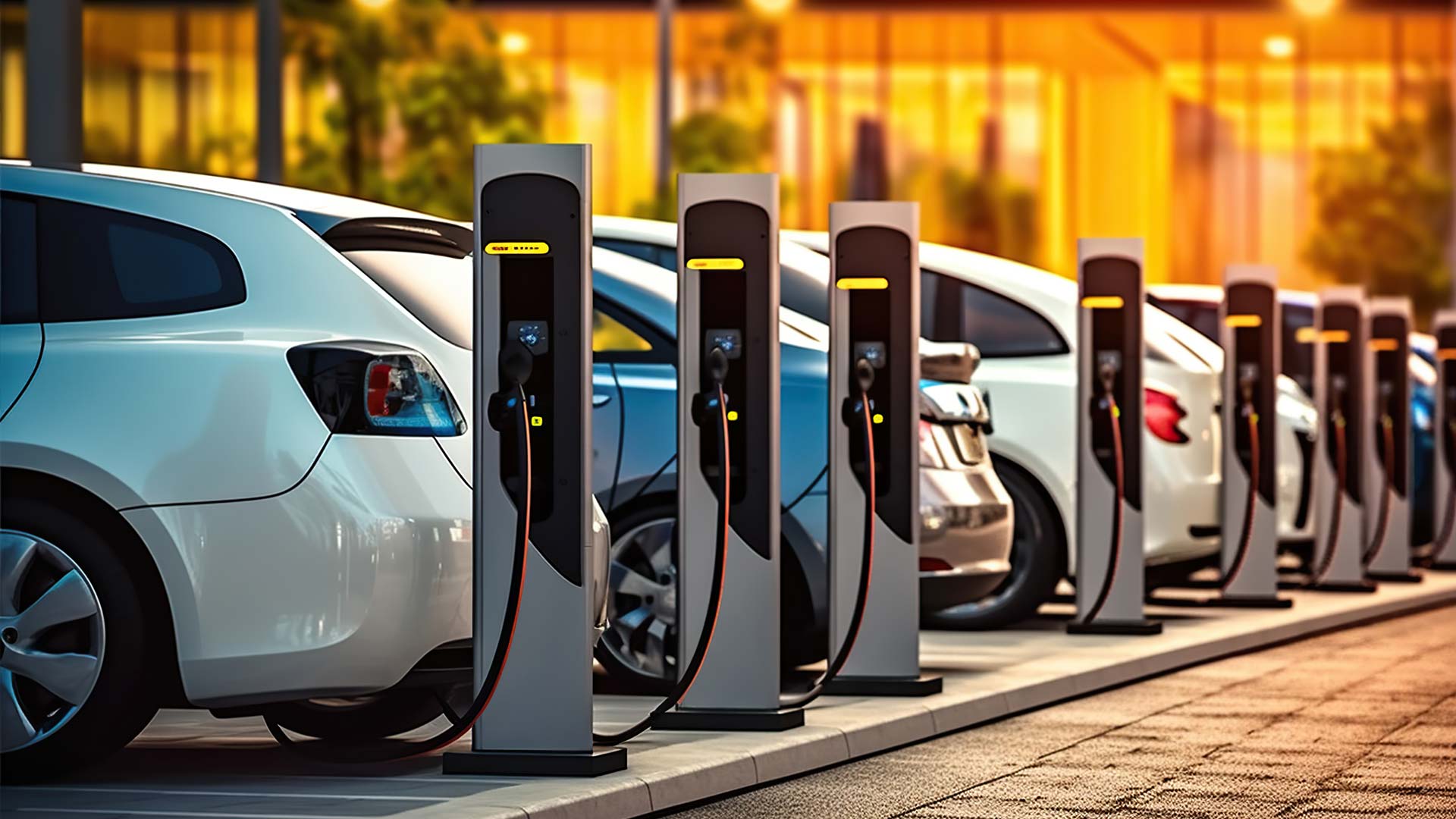 Heruntergeladen Electric cars charging in The Electrifying Lineup at the Public Charging Hub. Generative AI