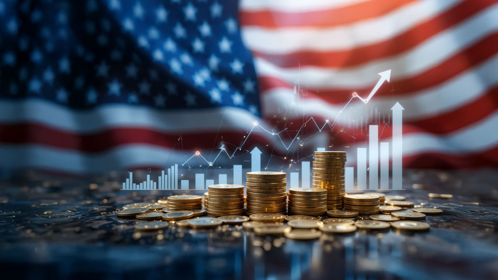 Verhängen die USA Zölle auf Gold Importe? USA-Flagge im Hintergrund, ein Performance-Chart aufsteigend und im Vordergrund diverse Stapel mit Münzen