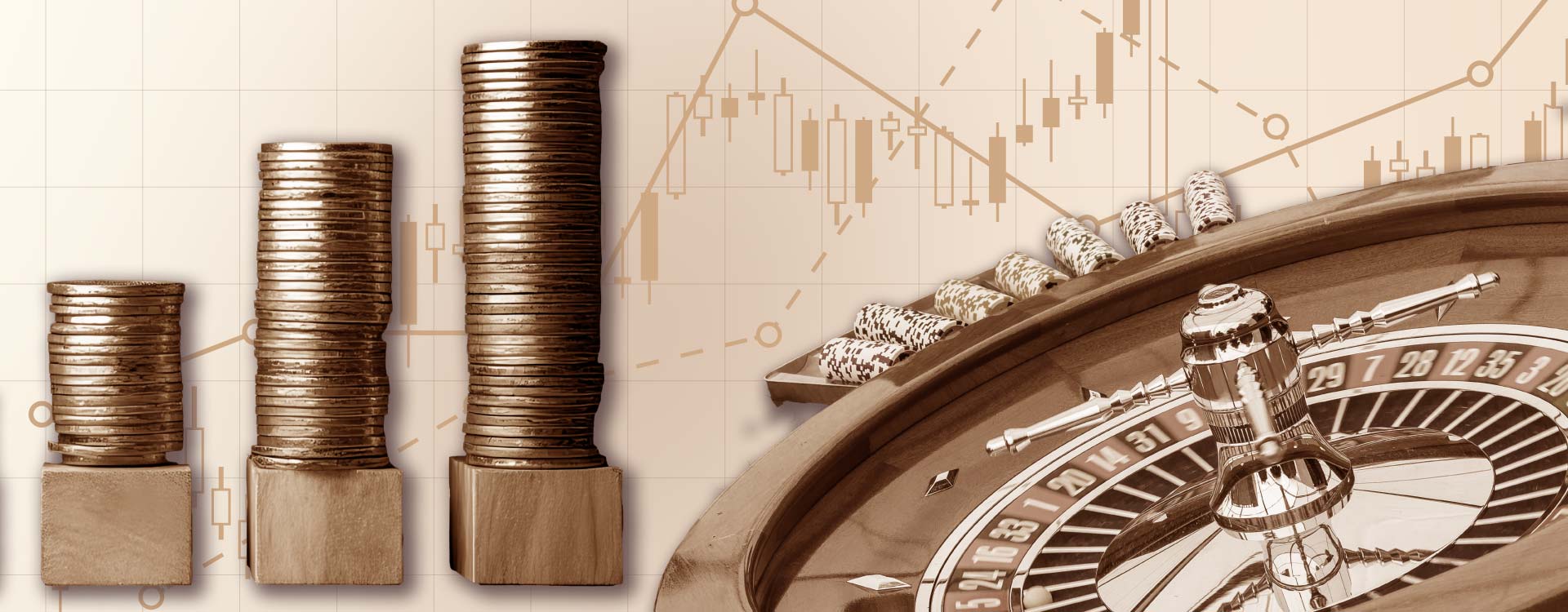 Aktien sind kein Glücksspiel Münzstapel mit Roulette-Kessel und im Hintergrund Kerzencharts
